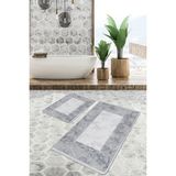 Rem Home Remhome 2'li Set Gri Zeminde Çerçeveli Motifli Mermer Desenli Sade & Şık Geometrik 2'li Banyo Paspas Takımı Takım Banyo Paspası