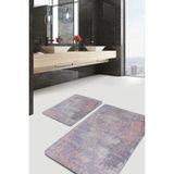 Rem Home Remhome 2'li Set Gri Zeminde Eskitme Motifli Antik Eskitme Motifli Sade & Şık 2'li Banyo Paspas Takımı Takım Banyo Paspası - Pembe - Mor