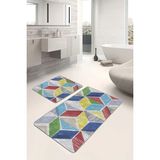Rem Home Remhome 2'li Set Gri Zeminde Sulu Boya Motifli Geometrik Geometrik Sade & Şık 2'li Banyo Paspas Takımı Takım Banyo Paspası - Çok Renkli