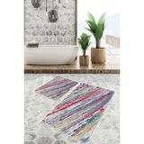 Rem Home Remhome 2'li Set Gri Zeminde Yağlı Boya Motifli Modern Sanat Sade & Şık Modern 2'li Banyo Paspas Takımı Takım Banyo Paspası - Mavi - Lacivert