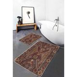 Rem Home Remhome 2'li Set Kahverengi Zeminde Antik Motifli Uşak Etnik Motifler Vintage 2'li Banyo Paspas Takımı Takım Banyo Paspası