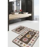 Rem Home Remhome 2'li Set Kahverengi Zeminde Etnik Motifli Kilim Desenli Avangarde Vintage 2'li Banyo Paspas Takımı Takım Banyo Paspası