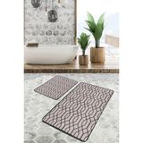 Rem Home Remhome 2'li Set Kahverengi Zeminde Geometrik Motifli Örgü Geometrik Sade & Şık 2'li Banyo Paspas Takımı Takım Banyo Paspası - Beyaz - Krem - Bej
