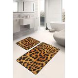 Rem Home Remhome 2'li Set Kahverengi Zeminde Leopar Motifli Post Desenli Sade & Şık Klasik 2'li Banyo Paspas Takımı Takım Banyo Paspası