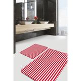 Rem Home Remhome 2'li Set Kırmızı Zeminde Çizgili Motifli Geometrik Geometrik Sade & Şık 2'li Banyo Paspas Takımı Takım Banyo Paspası - Kırmızı - Bordo