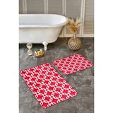 Rem Home Remhome 2'li Set Kırmızı Zeminde Geometrik Motifli Mozaik Geometrik Sade & Şık 2'li Banyo Paspas Takımı Takım Banyo Paspası - Kırmızı - Bordo