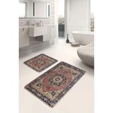 Rem Home Remhome 2'li Set Krem Zeminde Halı Motifli Iran Desenli Avangarde Vintage 2'li Banyo & Mutfak Paspas Takımı Takım Banyo Paspası - Siyah