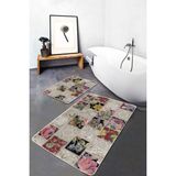 Rem Home Remhome 2'li Set Krem Zeminde Patchwork Motifli Örme Desenli Klasik Vintage 2'li Banyo Mutfak Paspas Takımı Takım Banyo Paspası - Kırmızı - Bordo