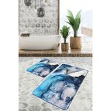 Rem Home Remhome 2'li Set Lacivert Zeminde Kanvas Motifli Boyama Desenli Sade & Şık Modern 2'li Banyo Paspas Takımı Takım Banyo Paspası - Mavi - Lacivert