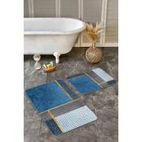 Rem Home Remhome 2'li Set Mavi Zeminde Geometrik Motifli Kazayağı Geometrik Sade & Şık 2'li Banyo Paspas Takımı Takım Banyo Paspası - Mavi - Lacivert