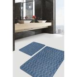 Rem Home Remhome 2'li Set Mavi Zeminde Geometrik Motifli Örgü Desenli Geometrik Sade & Şık 2'li Banyo Paspas Takımı Takım Banyo Paspası - Mavi - Lacivert