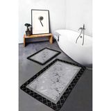 Rem Home Remhome 2'li Set Mermer Zeminde Çerçeveli Motifli Metalik Desenli Geometrik Klasik 2'li Banyo Paspas Takımı Takım Banyo Paspası - Siyah