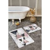 Rem Home Remhome 2li Set Mermer Zeminde Üçgen Motifli Geometrik Desenli Geometrik Sade & Şık 2'li Banyo Paspas Takımı Takım Banyo Paspası - Siyah - 2'li Set