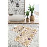 Rem Home Remhome 2'li Set Pastel Zeminde Etnik Motifli Suluboya Desenli 2'li Banyo & Mutfak Paspas Takımı Takım Banyo Paspası - Beyaz - Krem - Bej