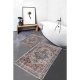 Rem Home Remhome 2'li Set Renkli Zeminde Soyut Motifli Kilim Eskitme Motifli Avangarde 2'li Banyo Paspas Takımı Takım Banyo Paspası - Kahverengi