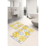 Rem Home Remhome 2'li Set Sarı - Gri Zeminde Etnik Motifli Monogram Vintage Sade & Şık 2'li Banyo Paspas Takımı Takım Banyo Paspası - Altın - Hardal - Sarı
