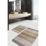 Rem Home Remhome 2'li Set Sarı - Krem Zeminde Örme Motifli Geleneksel Vintage Sade & Şık 2'li Banyo Paspas Takımı Takım Banyo Paspası