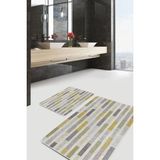 Rem Home Remhome 2'li Set Sarı - Krem Zeminde Şerit Motifli Kilim Geometrik Sade & Şık 2'li Banyo Paspas Takımı Takım Banyo Paspası - Altın - Hardal - Sarı