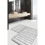 Rem Home Remhome 2'li Set Siyah - Beyaz Zeminde Eskitme Motifli Çizgili Sade & Şık Klasik 2'li Banyo Paspas Takımı Takım Banyo Paspası - Beyaz - Krem - Bej