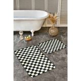 Rem Home Remhome 2'li Set Siyah Beyaz Zeminde Eskitme Motifli Dama Desenli Geometrik Klasik 2'li Banyo Paspas Takımı Takım Banyo Paspası