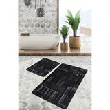 Rem Home Remhome 2'li Set Siyah Beyaz Zeminde Siyah Motifli Kilim Desenli Sade & Şık Klasik 2'li Banyo Paspas Takımı Takım Banyo Paspası