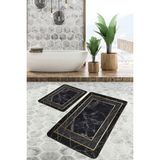 Rem Home Remhome 2'li Set Siyah - Gold Zeminde Çerçeveli Motifli Altın Geometrik Klasik 2'li Banyo Paspas Takımı Takım Banyo Paspası