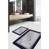 Rem Home Remhome 2'li Set Siyah - Gri Zeminde Çerçeveli Motifli Mermer Geometrik Klasik 2'li Banyo Paspas Takımı Takım Banyo Paspası - Mavi - Lacivert