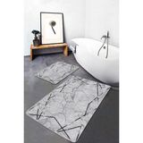 Rem Home Remhome 2'li Set Siyah - Gri Zeminde Çerçeveli Motifli Mermer Geometrik Klasik 2'li Banyo Paspas Takımı Takım Banyo Paspası