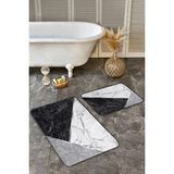 Rem Home Remhome 2'li Set Siyah - Gri Zeminde Mermer Motifli Klasik Geometrik Sade & Şık 2'li Banyo Paspas Takımı Takım Banyo Paspası