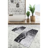 Rem Home Remhome 2'li Set Siyah - Gri Zeminde Mozaik Motifli Mermer Desenli Geometrik Klasik 2'li Banyo Paspas Takımı Takım Banyo Paspası