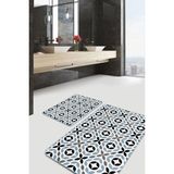 Rem Home Remhome 2'li Set Siyah - Mavi Zeminde Yaprak Motifli Kanvas Floral Sade & Şık 2'li Banyo Paspas Takımı Takım Banyo Paspası - Turkuaz