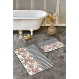 Rem Home Remhome 2'li Set Siyah - Pembe Zeminde Çiçek Motifli Geometrik Floral Geometrik 2'li Banyo Paspas Takımı Takım Banyo Paspası