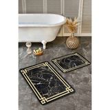 Rem Home Remhome 2li Set Siyah Zeminde Çerçeveli Motifli Mermer Desenli Sade & Şık Geometrik 2'li Banyo Paspas Takımı Takım Banyo Paspası - 2'li Set