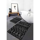 Rem Home Remhome 2'li Set Siyah Zeminde Etnik Motifli Otantik Geometrik Etnik Motifler 2'li Banyo Paspas Takımı Takım Banyo Paspası