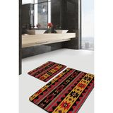 Rem Home Remhome 2'li Set Siyah Zeminde Geometrik Motifli Kilim Etnik Motifler Vintage 2'li Banyo Paspas Takımı Takım Banyo Paspası