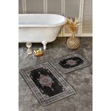 Rem Home Remhome 2'li Set Siyah Zeminde Kilim Motifli Geleneksel Etnik Motifler Avangarde 2'li Banyo Paspas Takımı Takım Banyo Paspası