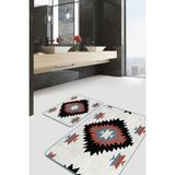 Rem Home Remhome 2'li Set Siyah Zeminde Retro Motifli Kilim Desenli Geometrik Klasik 2'li Banyo Mutfak Paspas Takımı Takım Banyo Paspası