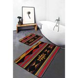 Rem Home Remhome 2'li Set Siyah Zeminde Vintage Motifli Geleneksel Vintage Etnik Motifler 2'li Banyo Paspas Takımı Takım Banyo Paspası