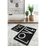 Rem Home Remhome 2'li Set Siyah Zeminde Yazı Motifli Love Desenli Sade & Şık Klasik 2'li Banyo & Mutfak Paspas Takımı Takım Banyo Paspası