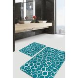 Rem Home Remhome 2'li Set Turkuaz Zeminde Dairesel Motifli Geometrik Geometrik Sade & Şık 2'li Banyo Paspas Takımı Takım Banyo Paspası