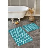 Rem Home Remhome 2'li Set Turkuaz Zeminde Ogea Motifli Morrocan Desenli Geometrik Sade & Şık 2'li Banyo Paspas Takımı Takım Banyo Paspası