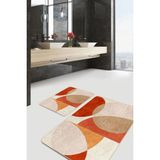 Rem Home Remhome 2'li Set Turuncu - Krem Zeminde Abstract Motifli Tablo Desenli Bohem Modern 2'li Banyo Paspas Takımı Takım Banyo Paspası
