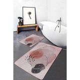 Rem Home Remhome 2'li Set Yavruağzı Zeminde Modern Sanat Motifli Kanvas Desenli Bohem Modern 2'li Banyo Paspas Takımı Takım Banyo Paspası - Kahverengi