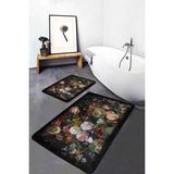 Rem Home Remhome 2'li Siyah Zeminde Çiçek Motifli Yapraklar Desenli Floral Klasik 2'li Banyo & Mutfak Paspas Takımı Takım Banyo Paspası - 2'li Set