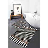 Rem Home Remhome 2'li Siyah Zeminde Damalı Motifli Çiçek Desenli Geometrik Floral 2'li Banyo & Mutfak Paspas Takımı Takım Banyo Paspası - 2'li Set