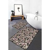 Rem Home Remhome 2'li Siyah Zeminde Floral Motifli Çiçek Desenli Floral Sade & Şık 2'li Banyo & Mutfak Paspas Takımı Takım Banyo Paspası - Pembe - Mor - 2'li Set