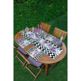 Rem Home Remhome 4+1 Siyah Beyaz Zemin Çiçek Tasarımlı Amerikan Servis & Runner Seti - 35 x 45 - Renkli