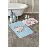 Rem Home Remhome Açık Mavi & Pembe Gül Demeti Desenli 2'li Kaymaz Tabanlı Banyo & Mutfak Paspas Takımı Takım Banyo Paspası - Renkli - 2'li Set