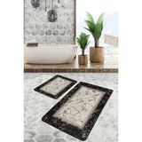 Rem Home Remhome Bej - Krem Zeminde Çerçeveli Motifli Mermer Eskitme Motifli Klasik 2'li Banyo & Mutfak Paspas Takımı Takım Banyo Paspası - Siyah - 2'li Set