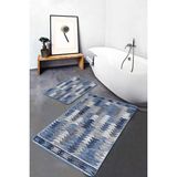 Rem Home Remhome Bej - Mavi Zeminde Geometrik Motifli Üçgen Geometrik Eskitme Motifli 2'li Banyo Mutfak Paspas Takımı Takım Banyo Paspası - Mavi - Lacivert - 2'li Set